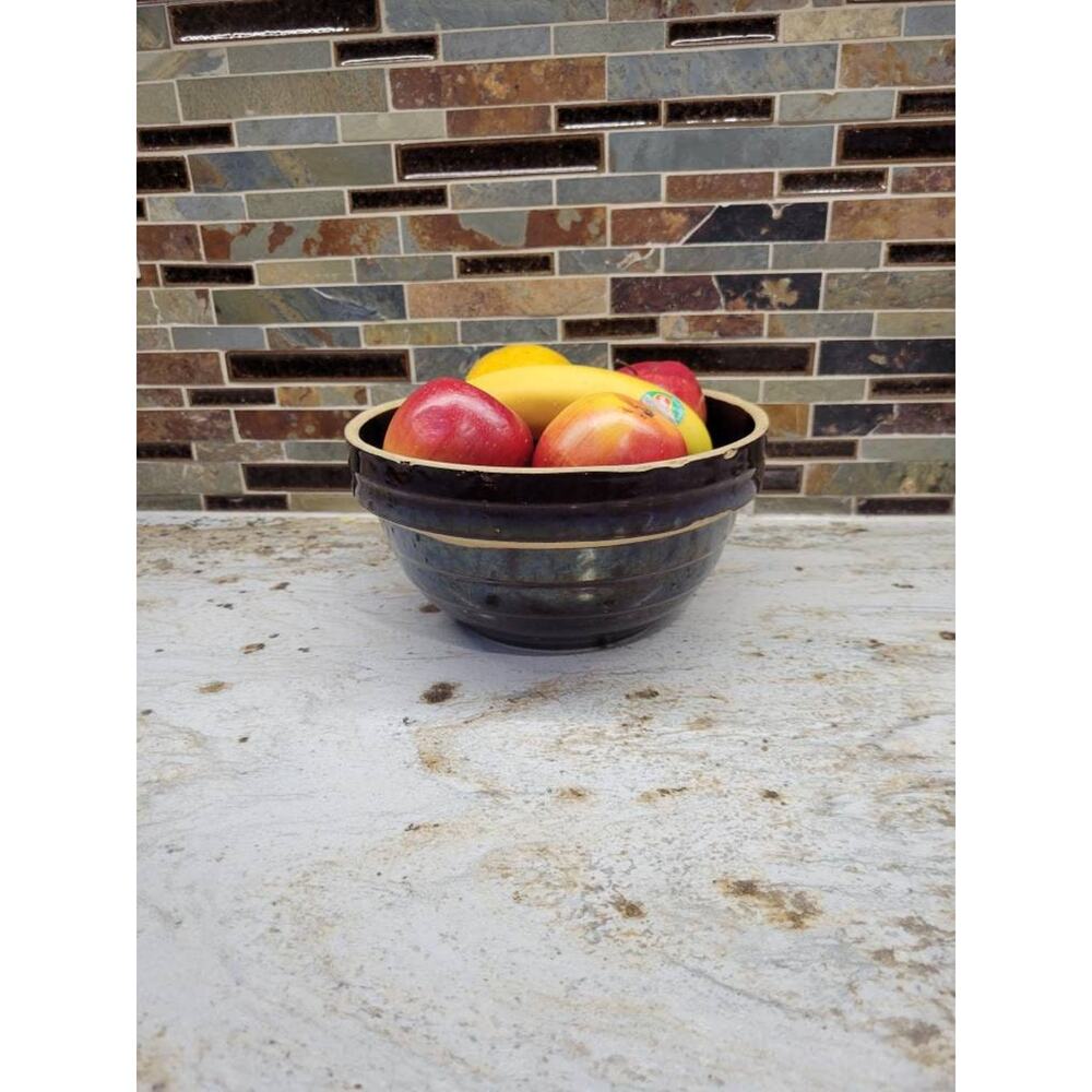 Vintage Crock Bowl, Brown Ribbed, USA Pottery, Shoulder Bowl, 9 Inch